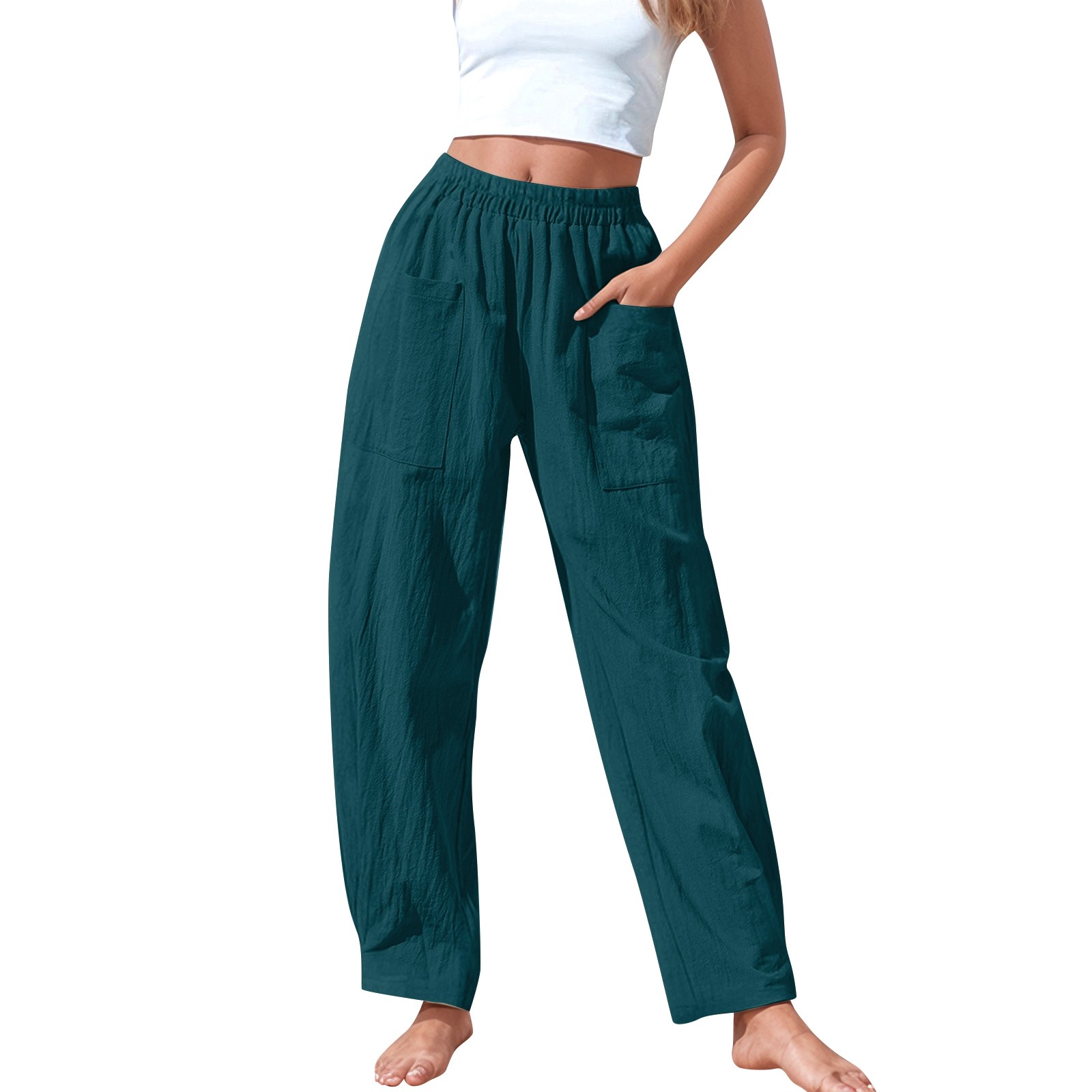 Pantalones elásticos de lino de cintura alta para mujer, informales: pantalones ligeros de verano para hacer ejercicio